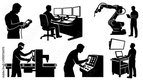 Industrial Automation Silhouettes: Workers Operating Machinery and Robots