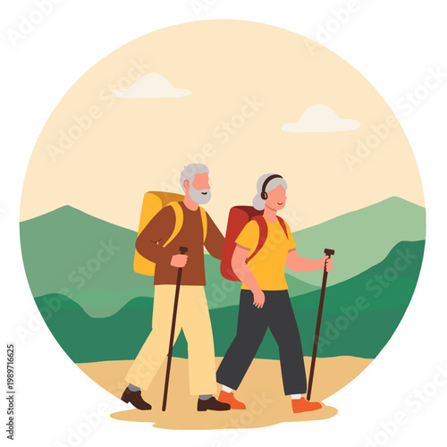 Elderly couple hiking together in mountains with backpacks and trekking poles. Elderly set  