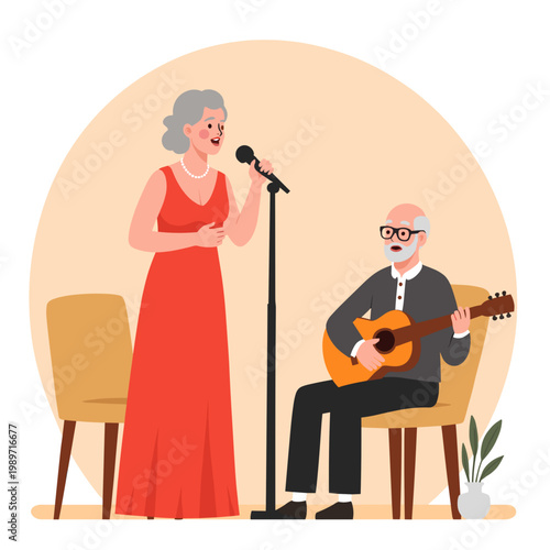 Elderly woman singing into microphone while man playing guitar. Elderly set  