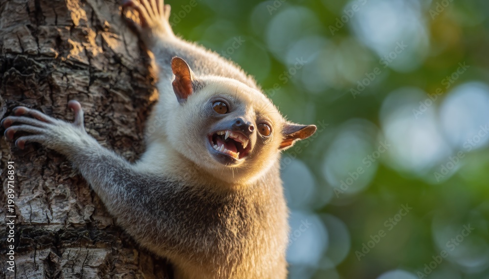 Fototapeta premium Close-up of a fluffy lemur with sharp teeth clinging to a tree trunk.