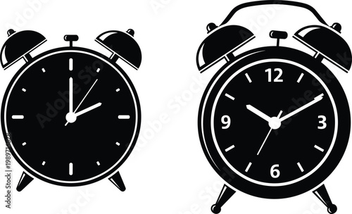 Vintage twin bell alarm clock illustrations showing different times, classic retro design representing traditional timekeeping and morning wake‑up concept