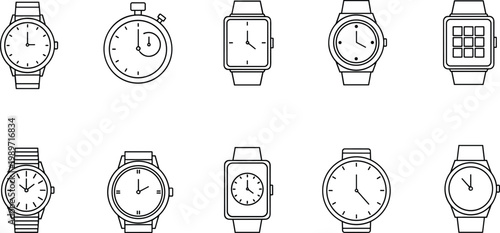 Collection of wristwatch and timepiece illustrations including analog, digital, stopwatch, and smartwatch designs representing diverse styles of timekeeping