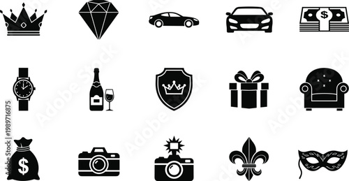 Luxury lifestyle icons including crown, diamond, sports car, money, wristwatch, champagne, gift, armchair, camera, fleur-de-lis, masquerade mask illustration