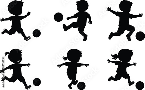 Children playing football silhouette isolated on transparent background