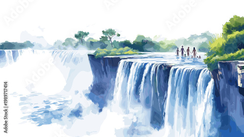 Victoria Falls Devils Pool. Victoria Falls Devils Pool hand drawn watercolor illustration on white background