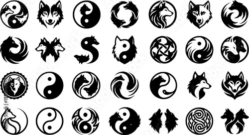 Set of celtic wolf with yin yang symbol, vector illustration.
