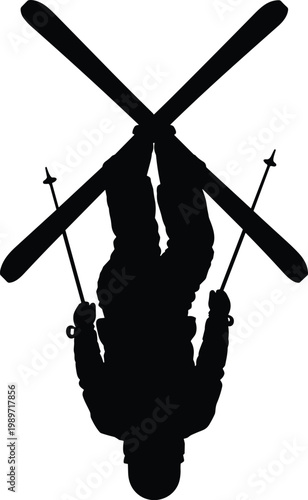 Skier silhouette performing jump with crossed skis extreme winter sport action and freestyle skiing illustration