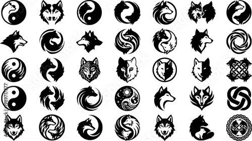 Set of celtic wolf with yin yang symbol, vector illustration.
