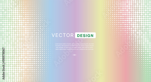 Pastel holographic abstract halftone dot background. Multi colored neon rainbow gradient, white fading pixel matrix border, text placeholder. For modern slide layout. Vector graphic.