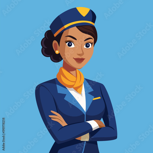 Smiling African American Air Hostess Wearing Elegant Blue Airline Uniform and Yellow Scarf