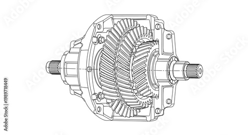 Technical drawing of a mechanical gearbox and differential assembly