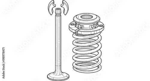 Technical drawing of car engine valve and coil spring