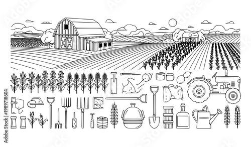 Rural farm vector icon set black white agriculture countryside illustration