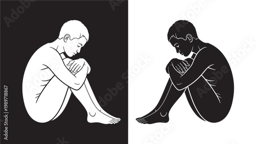 Sad Man Sitting Alone In Black And White For Mental Health Concepts