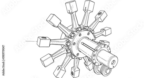 Technical illustration of radial engine piston and crankshaft assembly