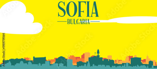 A colourful vector cityscape with sunset tones representing retro minimalist tourist poster skyline of SOFIA, BULGARIA