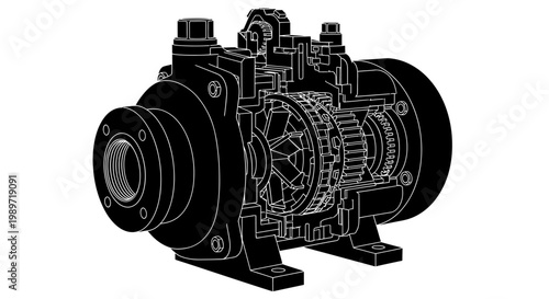Technical line art illustration of industrial pump internal components