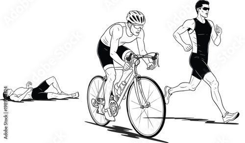 Triathlon athletes swimming cycling and running sequence endurance sport competition detailed illustration