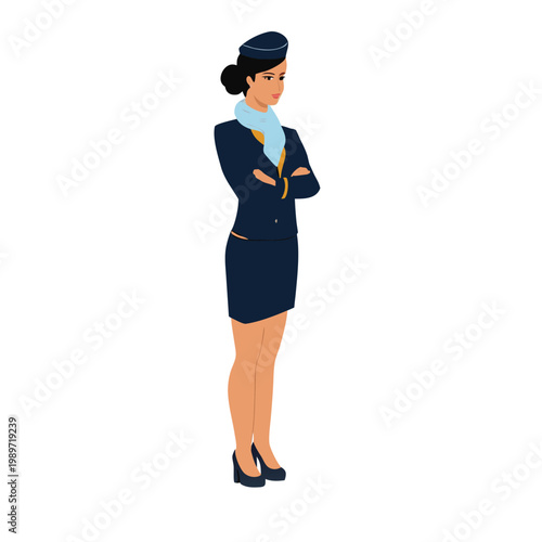 Elegant female flight attendant stands professionally with crossed arms in her dark blue uniform