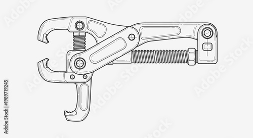 Technical line drawing of industrial mechanical clamping tool