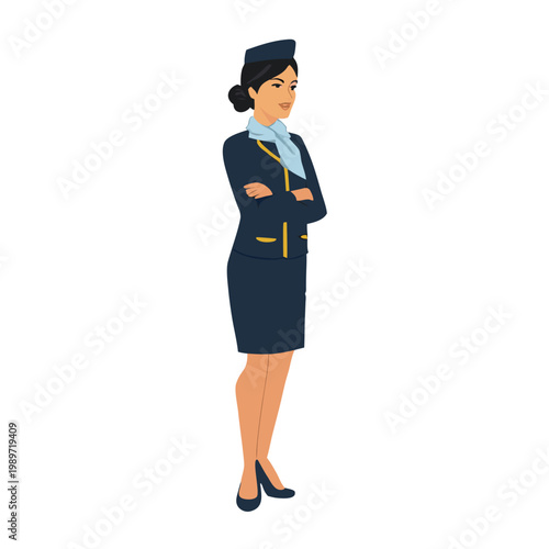 Professional young flight attendant standing confidently with folded arms in elegant airline uniform