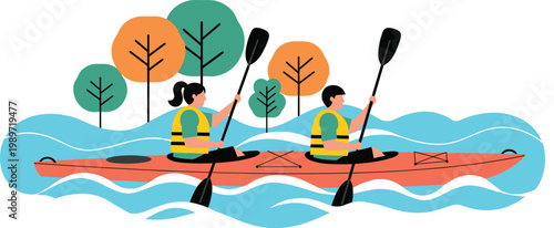 Two people kayaking on river with paddles flat vector illustration outdoor adventure water sport recreation scene