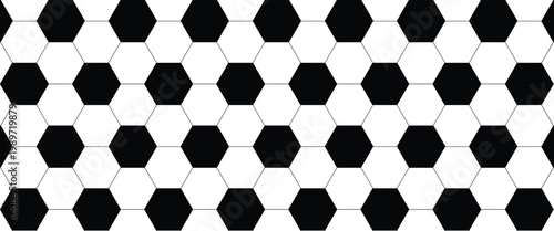 Seamless pattern of black and white hexagons on a flat surface creating an infinite geometric background design