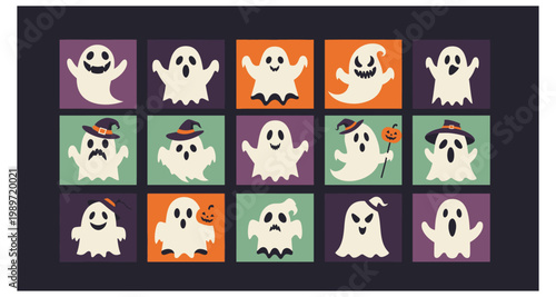Colorful halloween ghosts and witches arranged in a grid pattern