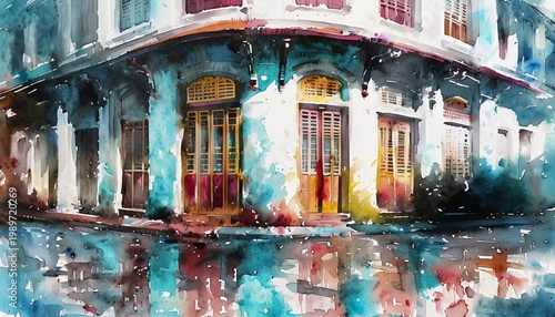 Vibrant Watercolor Shophouse Facade Reflecting on Wet Streets
