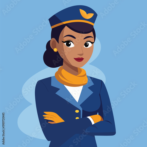 Friendly African American airline stewardess smiling with arms crossed in blue uniform