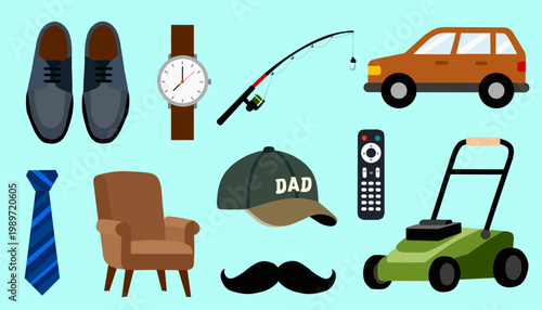 Fathers day elements set with lifestyle items in flat style