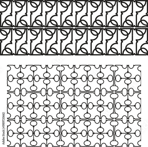 Traditional black and white ironwork fence patterns featuring repeating scroll designs and ornamental latticework for architecture