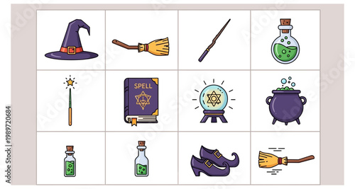 A collection of colorful cartoon style objects associated with witchcraft and magic