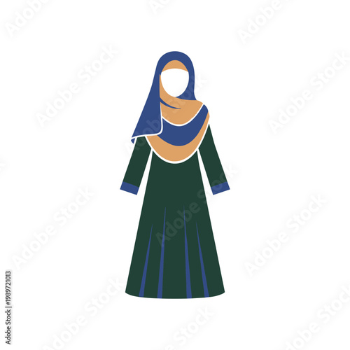 Elegant woman wearing traditional hijab and long dress with blue and black patterns