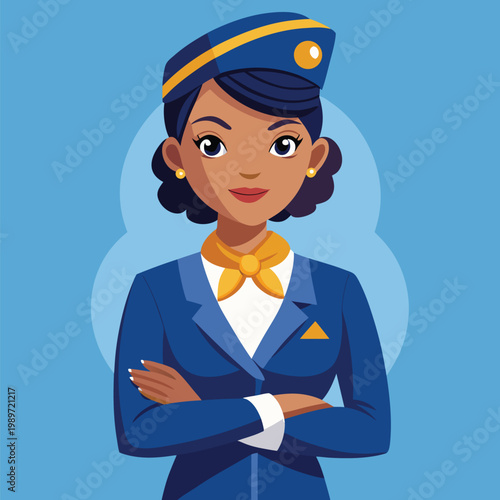 Smiling female flight attendant in a blue uniform and yellow bow standing with arms crossed