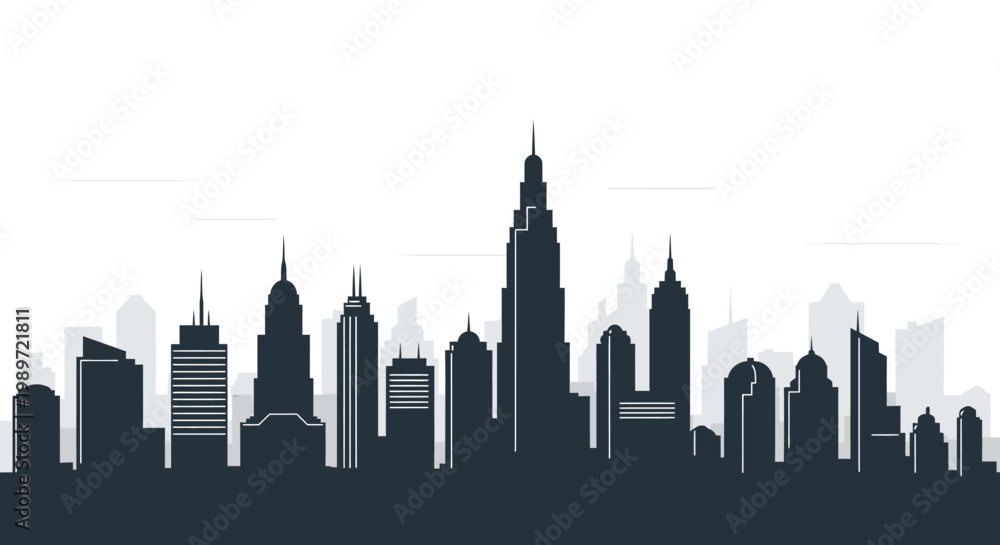 Obraz premium Modern urban city skyline silhouette with layered skyscraper buildings