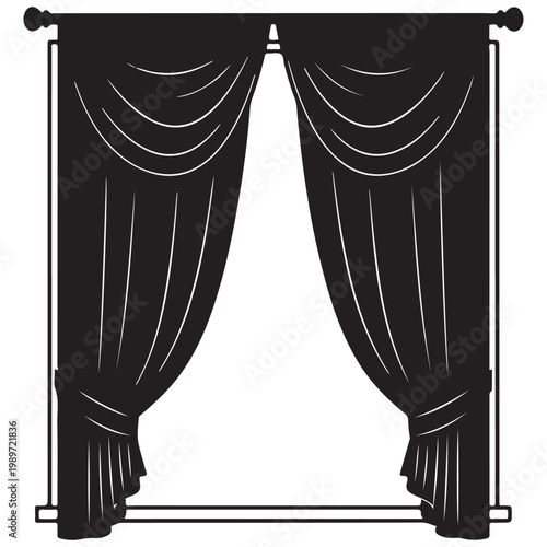 Black silhouette of elegant window curtains with swags and tie-backs on a rod vector illustration for interior design and stage decor