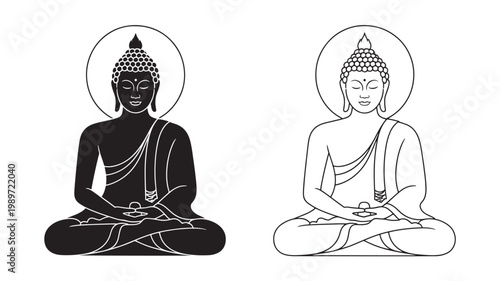 Buddha Statue Silhouette and Line Art For Meditation Spirituality Concepts