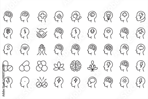 Mental health icon set, psychology mind symbols, therapy, mindfulness, emotional wellbeing icons for web and app