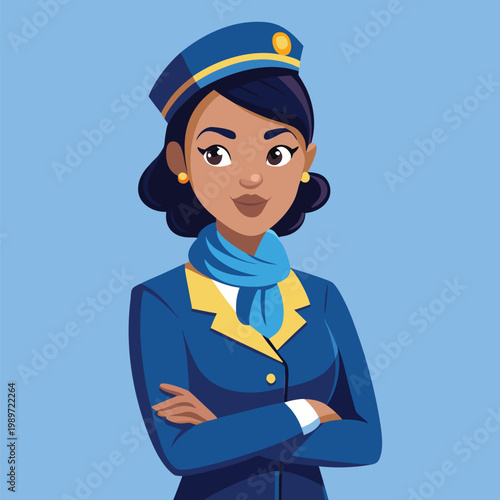 Professional air hostess illustration wearing a stylish blue uniform and a light blue scarf