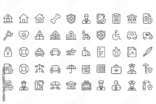 Health insurance icons, safety protection symbols, medical services, policy and coverage UI elements