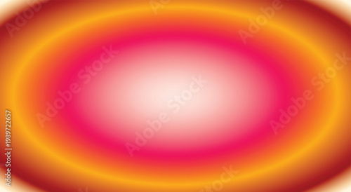 Warm vibrant radial gradient mesh background. Glowing red, orange, and yellow blurred sun center, soft elliptical aura. For sunset desktop wallpaper, summer flyer cover. Vector graphic.