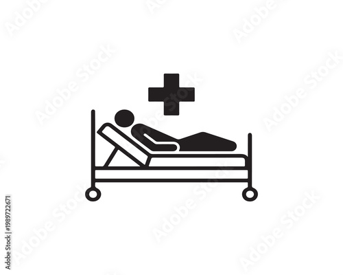 Minimalist vector icon of hospital bed with patient silhouette and medical cross above, dark blue and light blue geometric design, high-contrast style, transparent background, optimized for healthcare