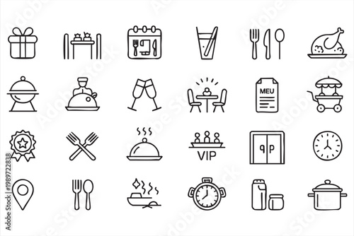Restaurant icon set, dining food service symbols, hospitality, menu, cooking, catering icons for web and app