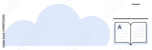 Cloud storage, learning, technology, knowledge sharing, digital education, online libraries. Light blue cloud next to an open book. Cloud storage and learning concept