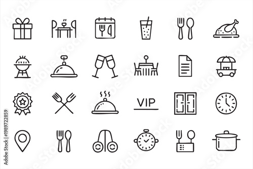Dining icons, restaurant food service symbols, kitchen tools, catering, reservation UI elements