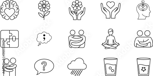 Collection of hand drawn line art icons representing self care and wellness