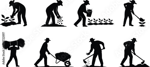 Gardening silhouette set farmers working the land isolated on transparent background