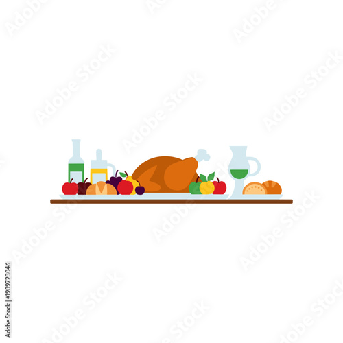 A festive table setup featuring a roasted turkey and seasonal accompaniments.