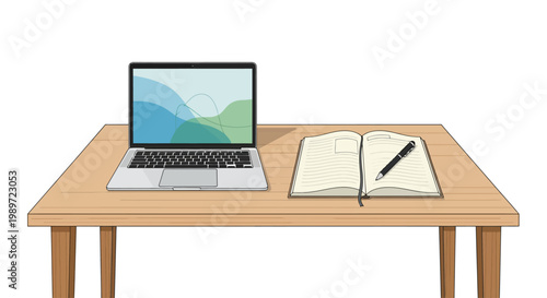 Minimalist Vector Workspace Illustration with Laptop and Spiral Notebook on White Background for Office and Business Concepts